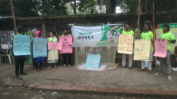 প্রেসক্লাবের সামনে মশারি টাঙিয়ে প্রতিবাদ এক তরুণীর